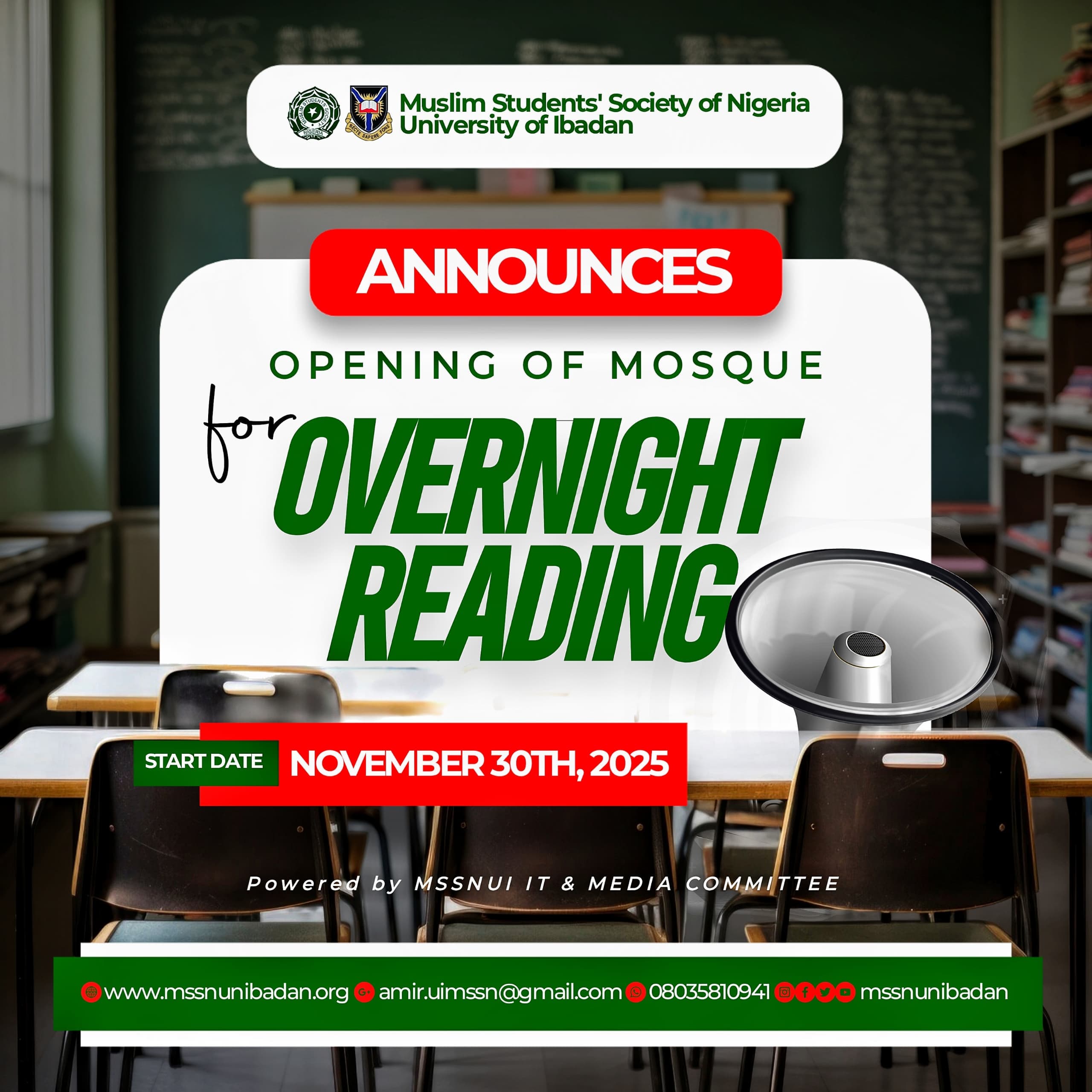 MSSNUI Announces Opening of Central Mosque for Overnight Reading