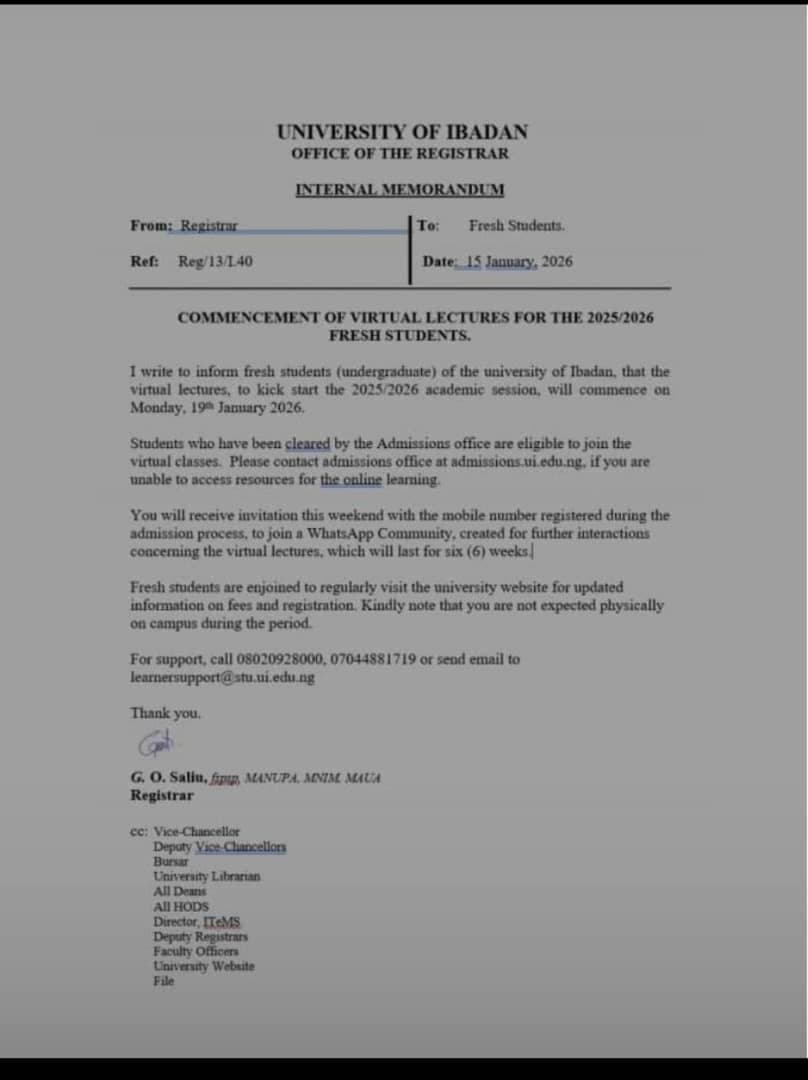 News: UI to Commence Six-Week Virtual Lectures for 2025/2026 Fresh Students