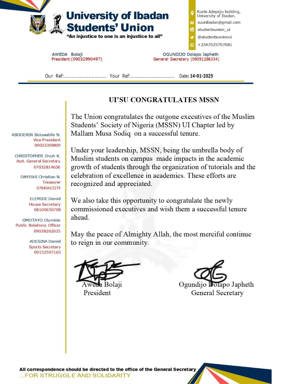 UISU Congratulates MSSNUI on Successful Leadership Transition
