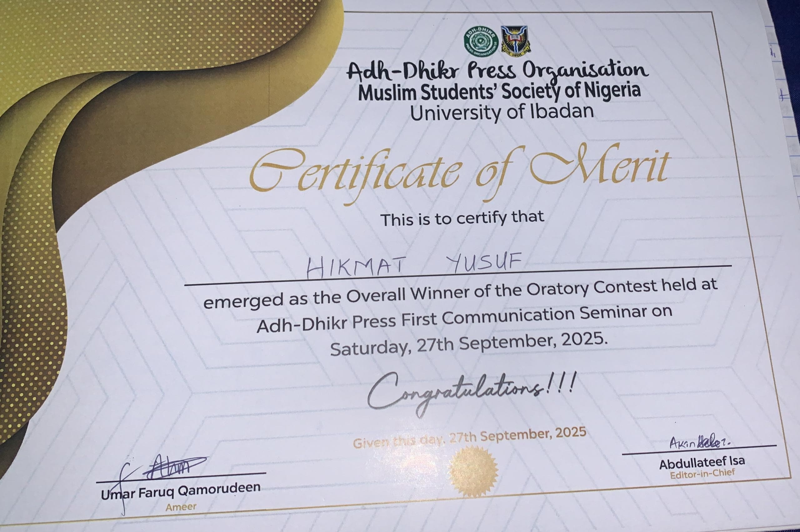 Hikmat Yusuf Wins Adh-Dhikr Press Oratory Contest